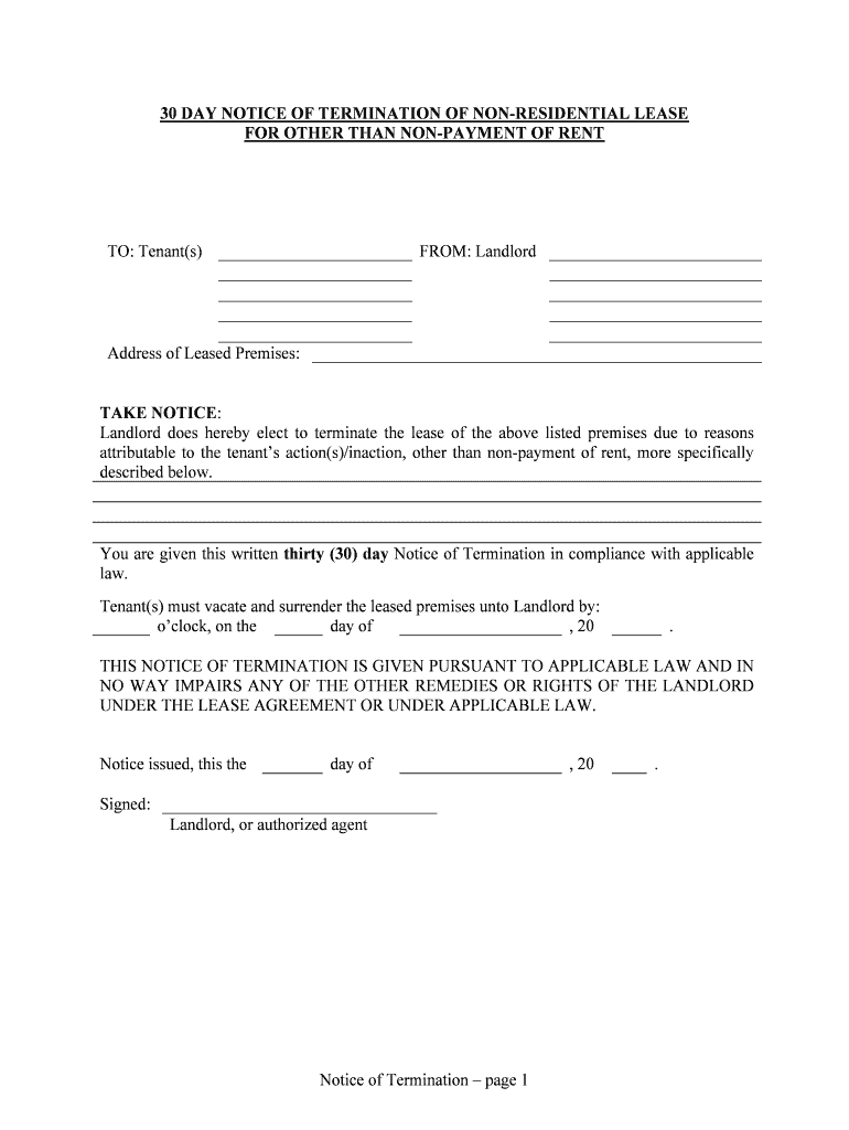 30 DAY NOTICE of TERMINATION of NON RESIDENTIAL LEASE  Form