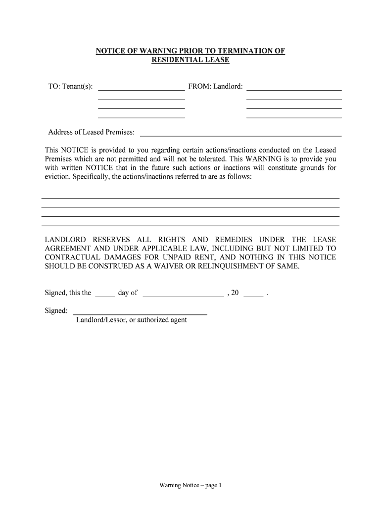 NOTICE of WARNING PRIOR to TERMINATION of  Form