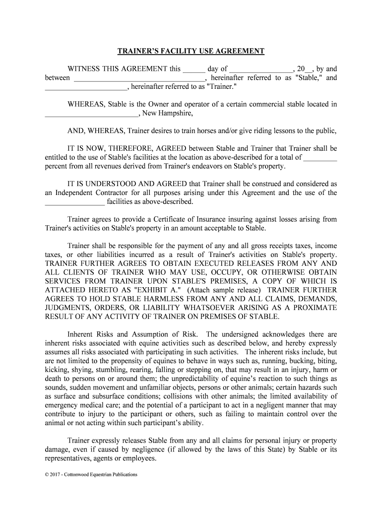 Taxes, or Other Liabilities Incurred as a Result of Trainer's Activities on Stable's Property  Form