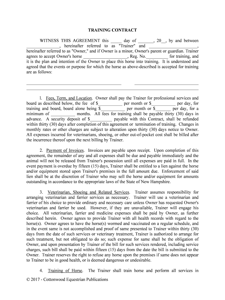 Lien Shall Be at the Discretion of Trainer Who May Sell the Horse Andor Equipment for Amounts  Form