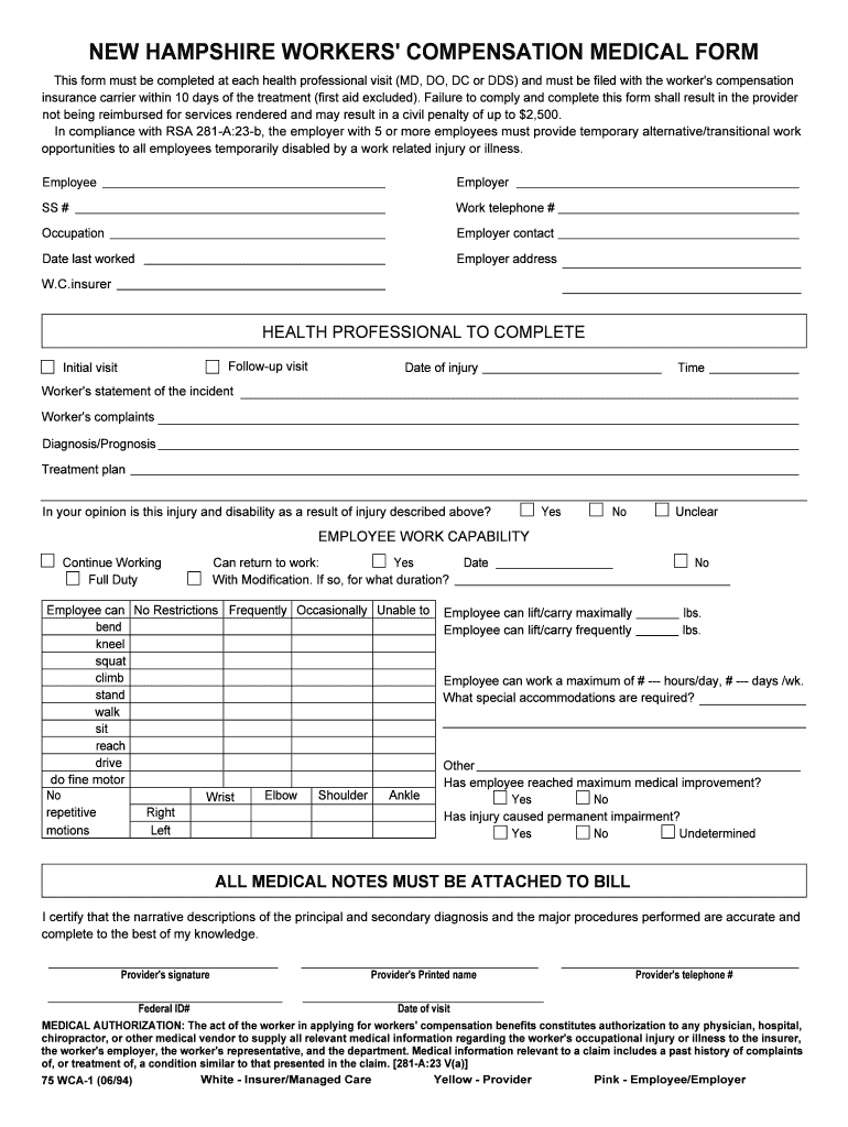LAB 500 NEW HAMPSHIRE WORKERS COMPENSATION MEDICAL FORM
