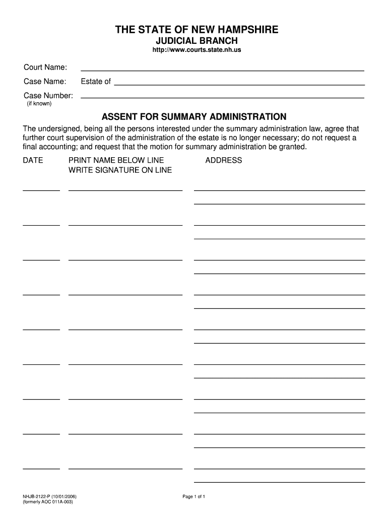 Assent for Summary Administration  Form
