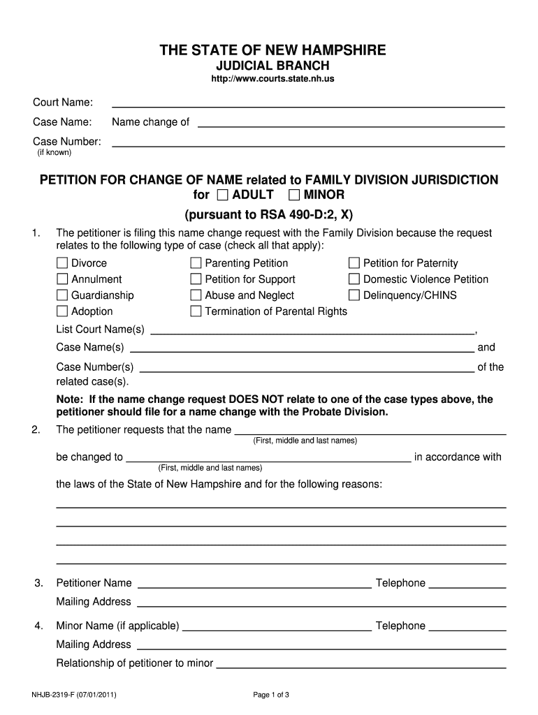 Petition for Change of Name Relating to Family Division  Form