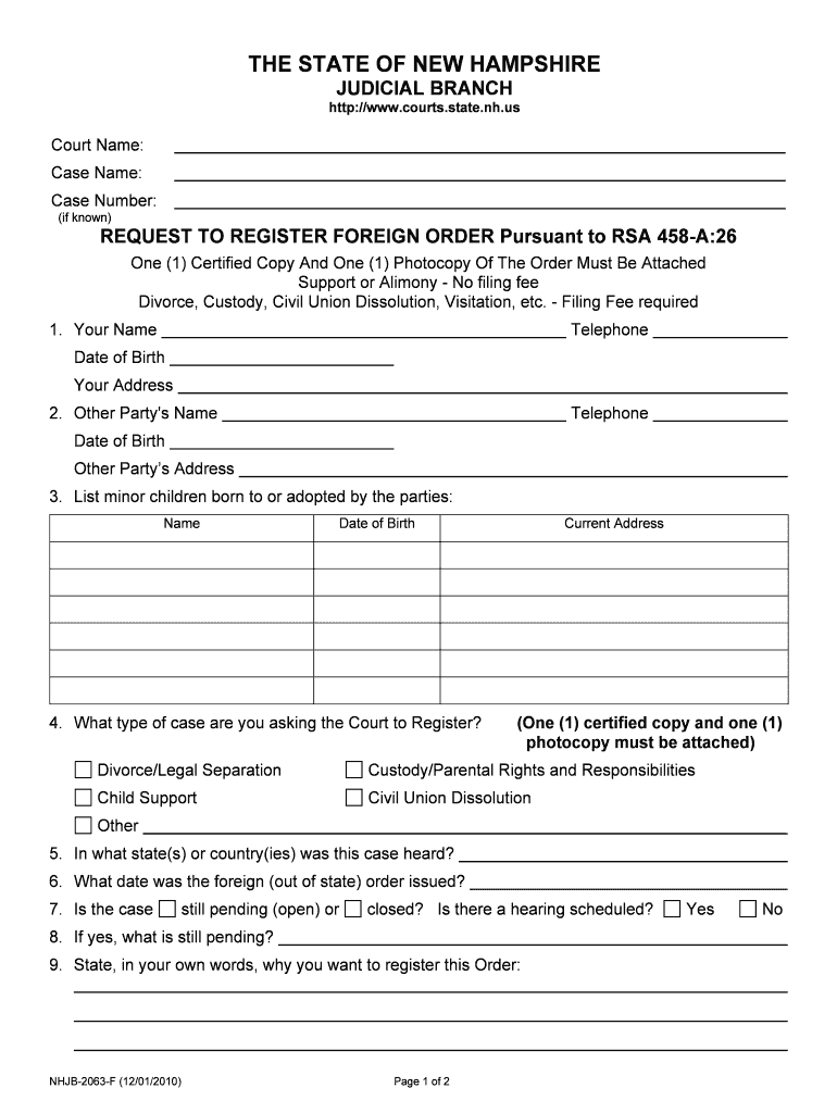 REQUEST to REGISTER FOREIGN ORDER Pursuant to RSA 458 A26  Form