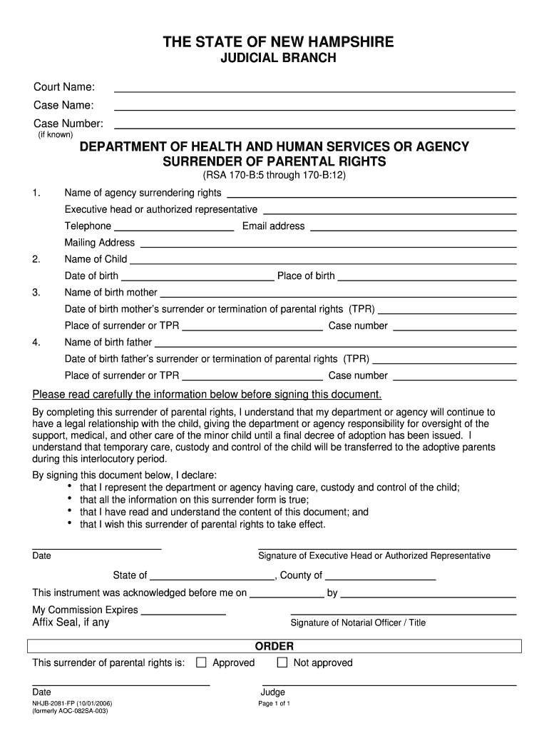 Department of Health &amp;amp; Human Services or Agency Surrender  Form