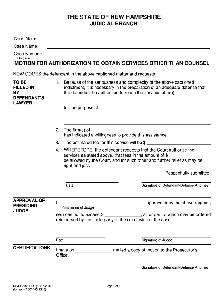 Motion to Obtain Services Other Than Counsel New Hampshire  Form