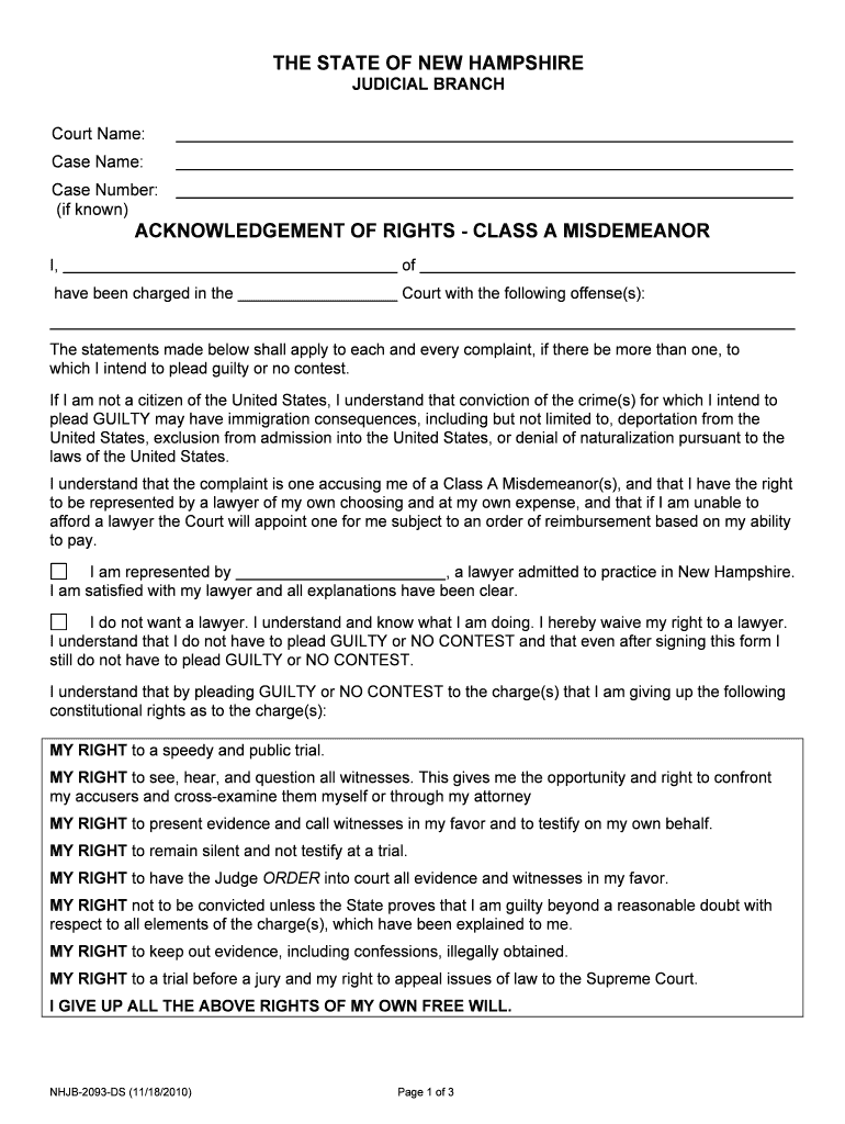 ACKNOWLEDGEMENT of RIGHTS CLASS a MISDEMEANOR  Form