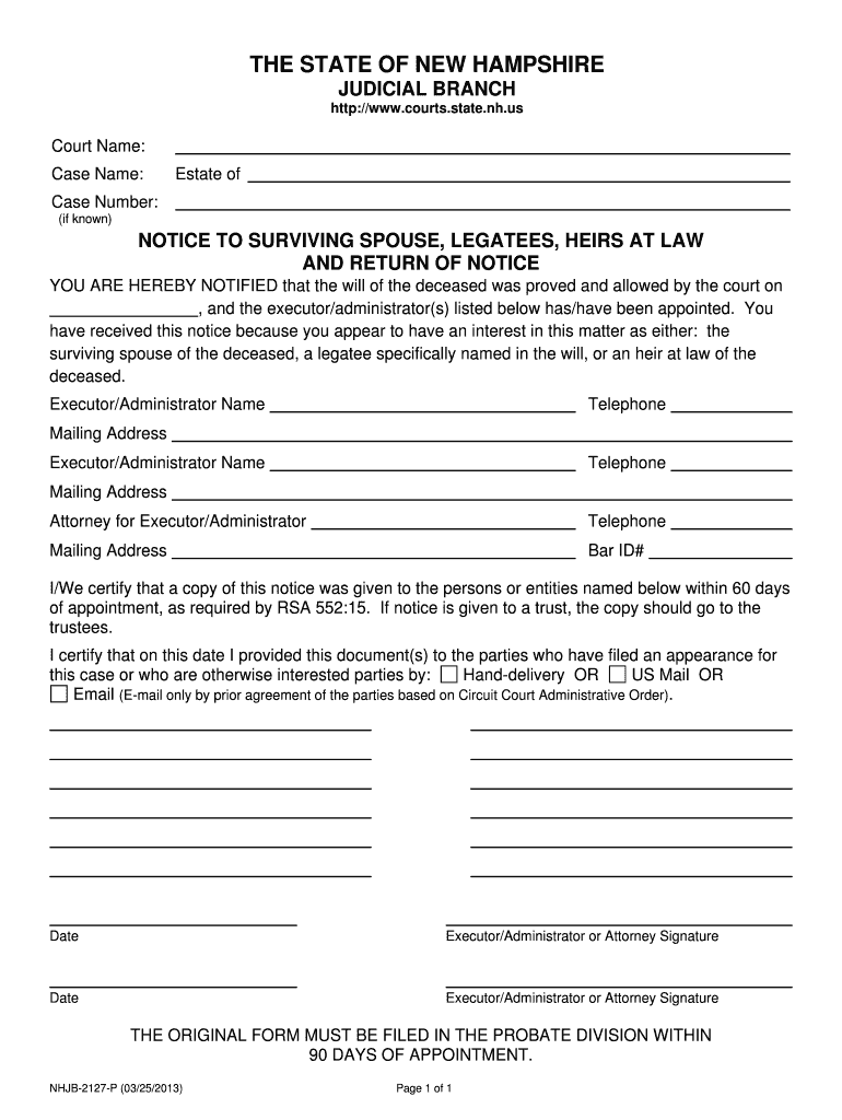 Fillable Online Courts State Nh Notice to Surviving Spouse  Form