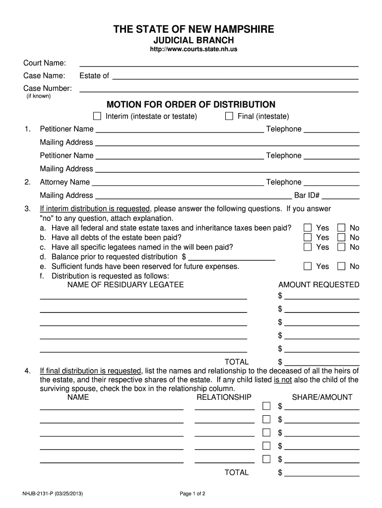 Motion for Order of Distribution  Form