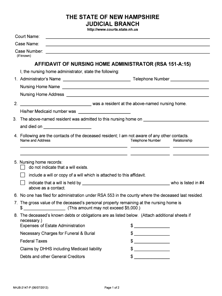Affidavit of Nursing Home Administrator New Hampshire  Form