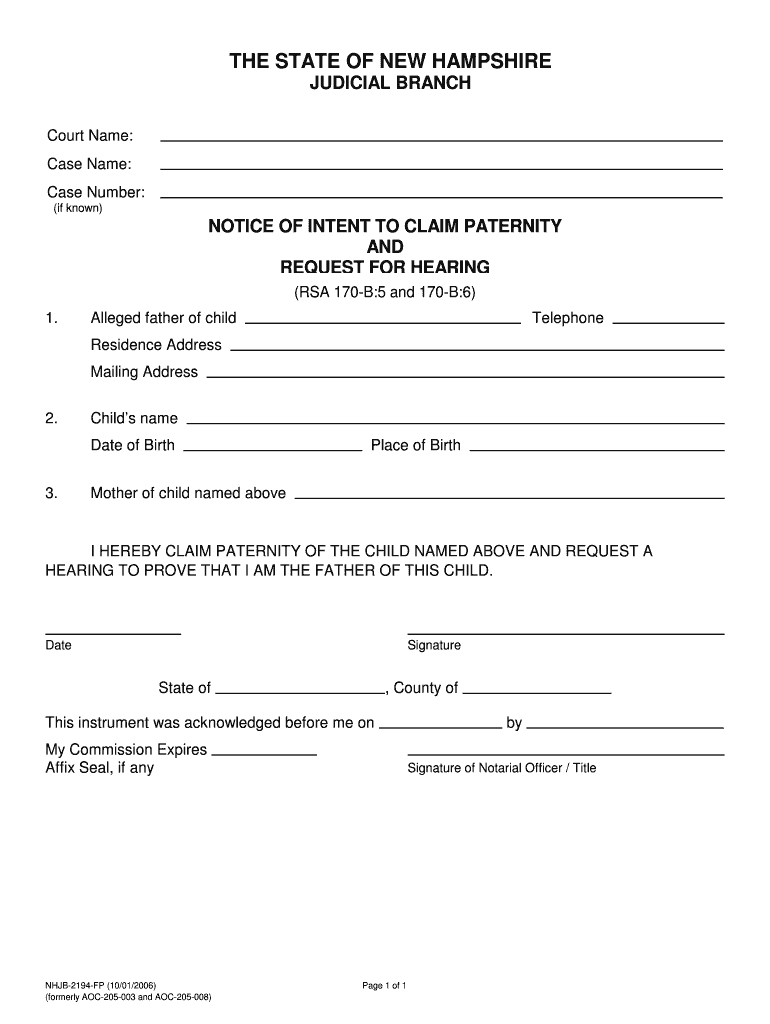 Notice of Intent to Claim Paternity and Request for Hearing  Form