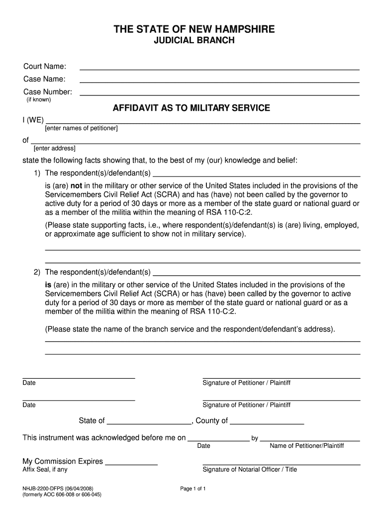 Affidavit as to Military Service New Hampshire Judicial Branch  Form