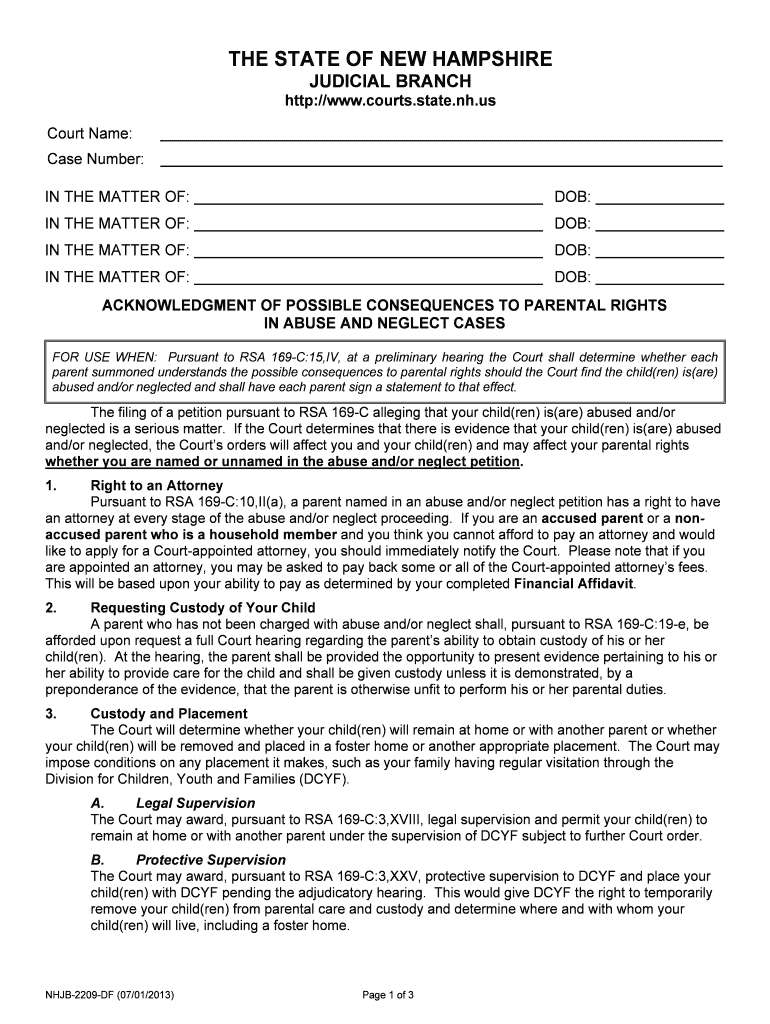 ACKNOWLEDGMENT of POSSIBLE CONSEQUENCES to PARENTAL RIGHTS  Form