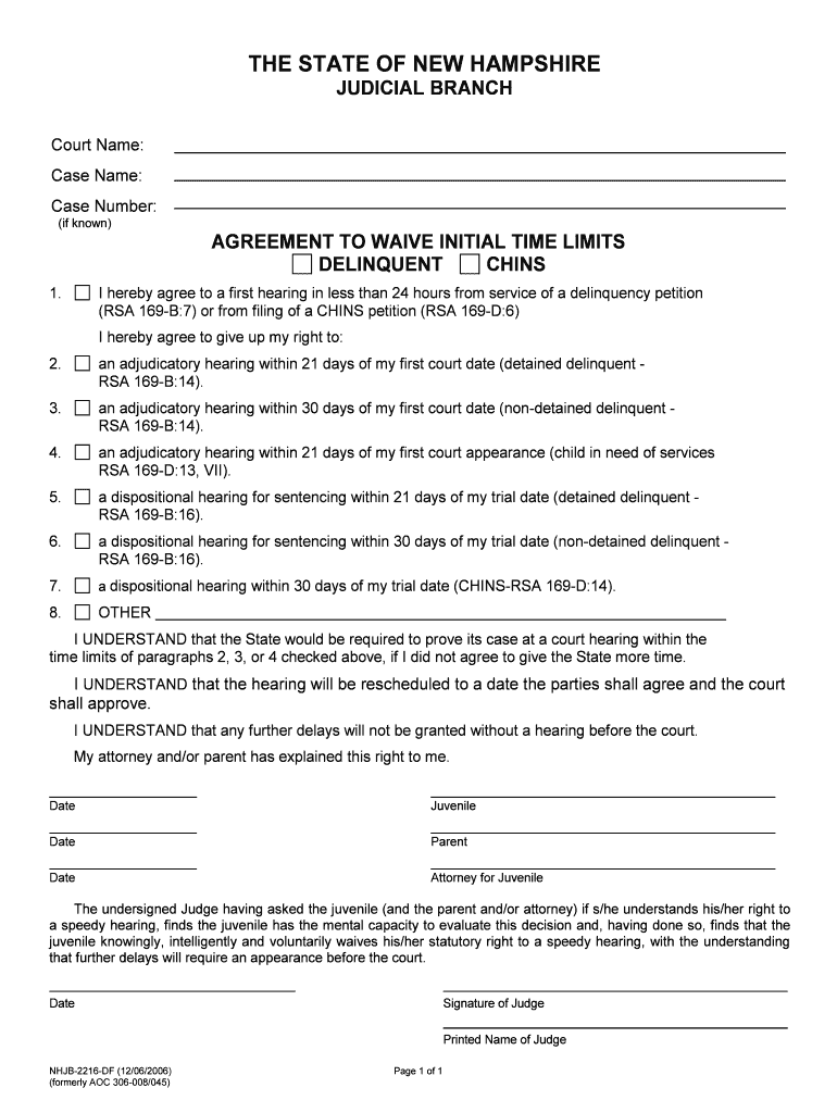 AGREEMENT to WAIVE INITIAL TIME LIMITS  Form