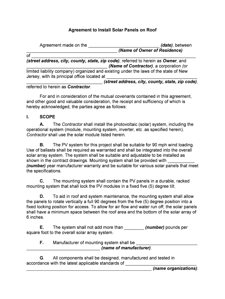 Agreement to Install Solar Panels on Roof  Form