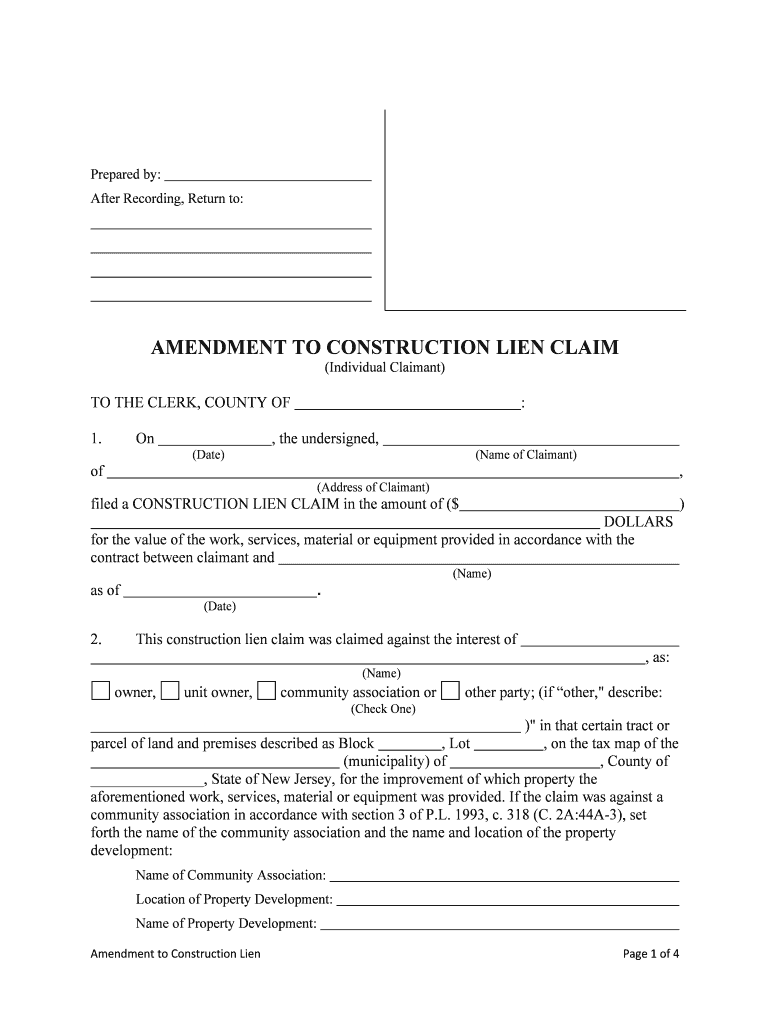 AMENDMENT to CONSTRUCTION LIEN CLAIM  Form