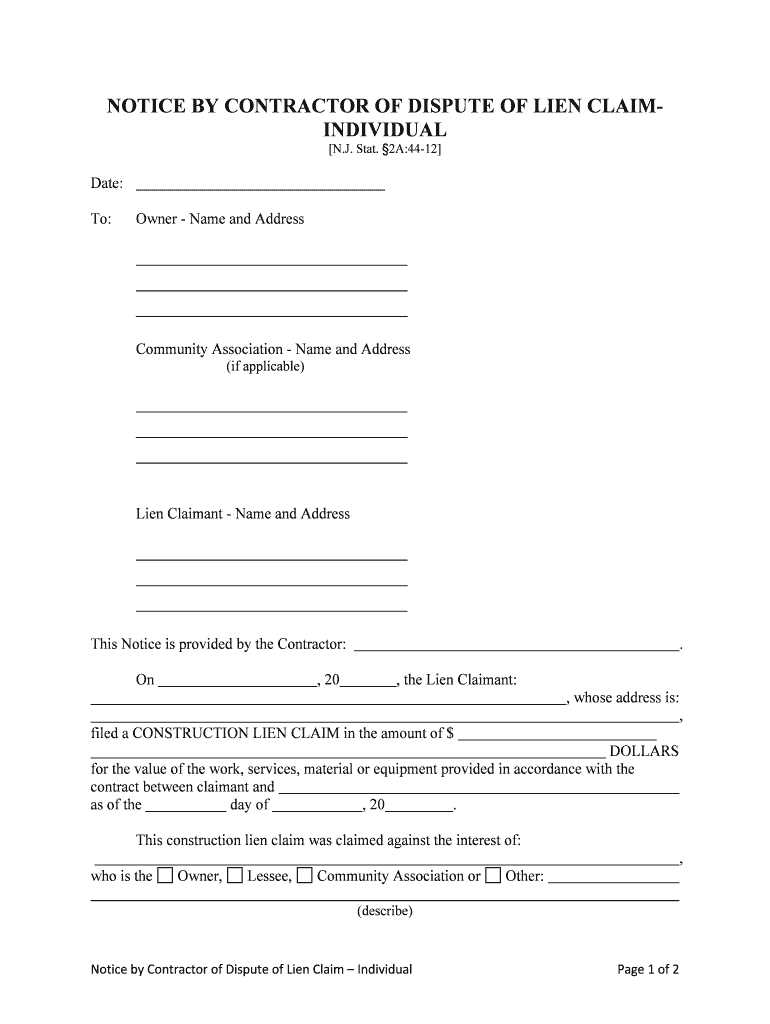 NOTICE by CONTRACTOR of DISPUTE of LIEN CLAIM INDIVIDUAL  Form
