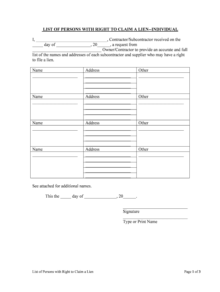 LIST of PERSONS with RIGHT to CLAIM a LIEN  Form