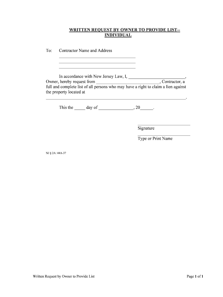 WRITTEN REQUEST by OWNER to PROVIDE LIST INDIVIDUAL  Form
