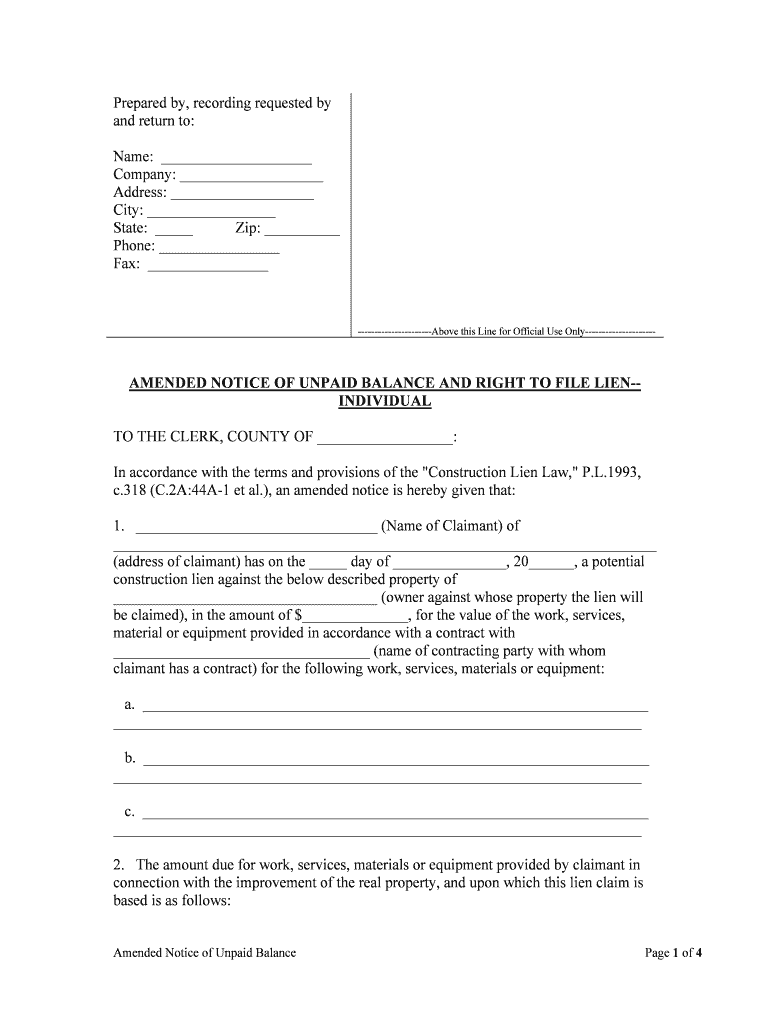 AMENDED NOTICE of UNPAID BALANCE and RIGHT to FILE LIEN INDIVIDUAL  Form