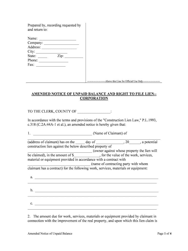 AMENDED NOTICE of UNPAID BALANCE and RIGHT to FILE LIEN CORPORATION  Form