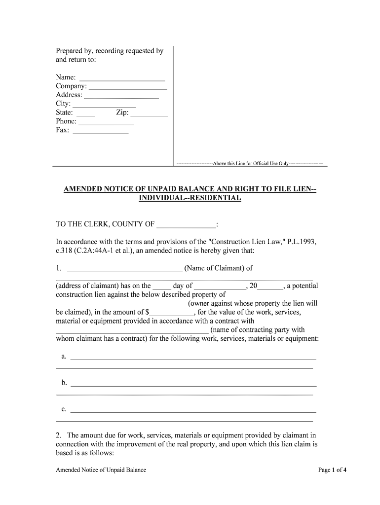 AMENDED NOTICE of UNPAID BALANCE and RIGHT to FILE LIEN INDIVIDUAL RESIDENTIAL  Form