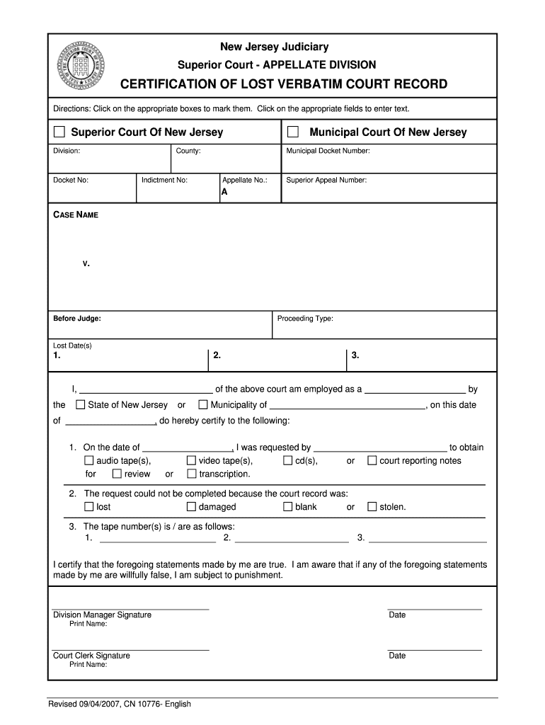 Certification of Lost Verbatim Court Record  Form