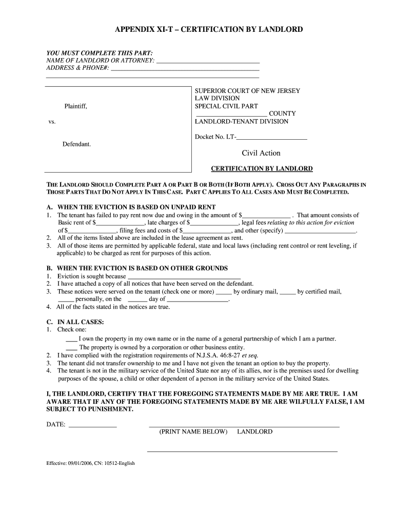 APPENDIX XI T CERTIFICATION by LANDLORD  Form