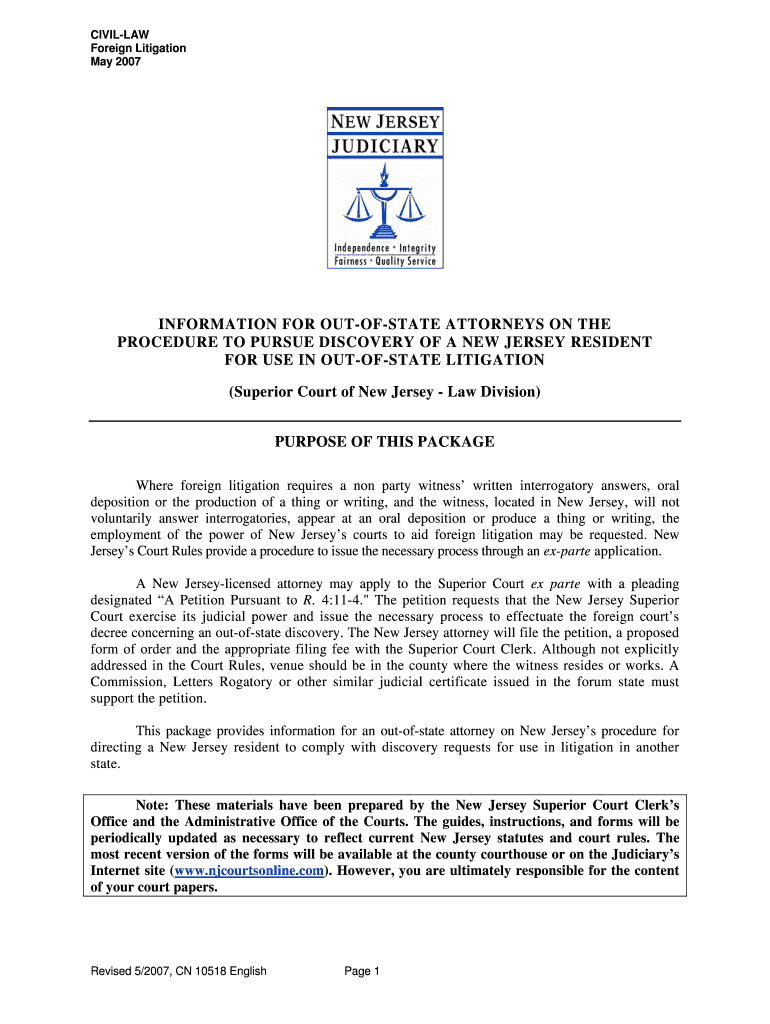 Information for Ourt OfState Attorneys on the Procedure to Pursue Discovery of a NJ Resident for Use in Out of State Litigation 