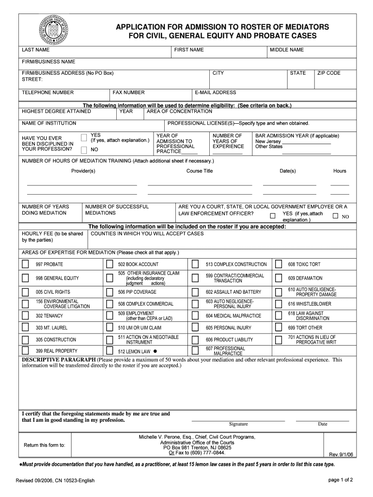 Application for Admission to Roster of Mediators for Civil, General Equity and Probate Cases  Form