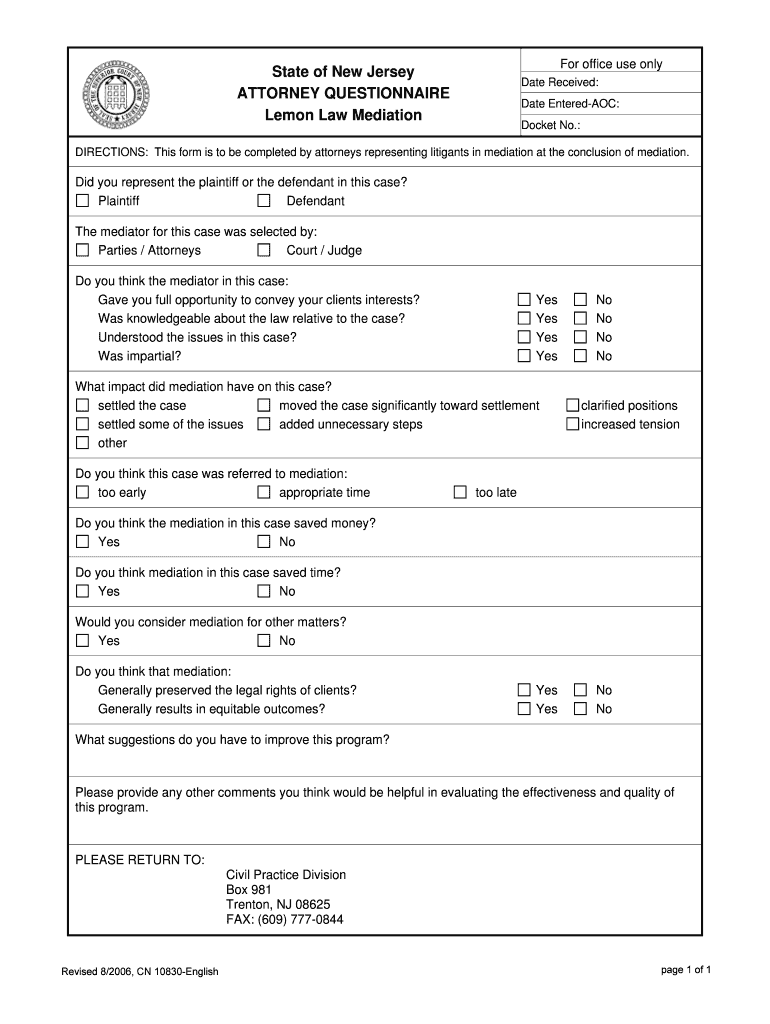 Lemon Law Mediation Attorney Questionnaire  Form