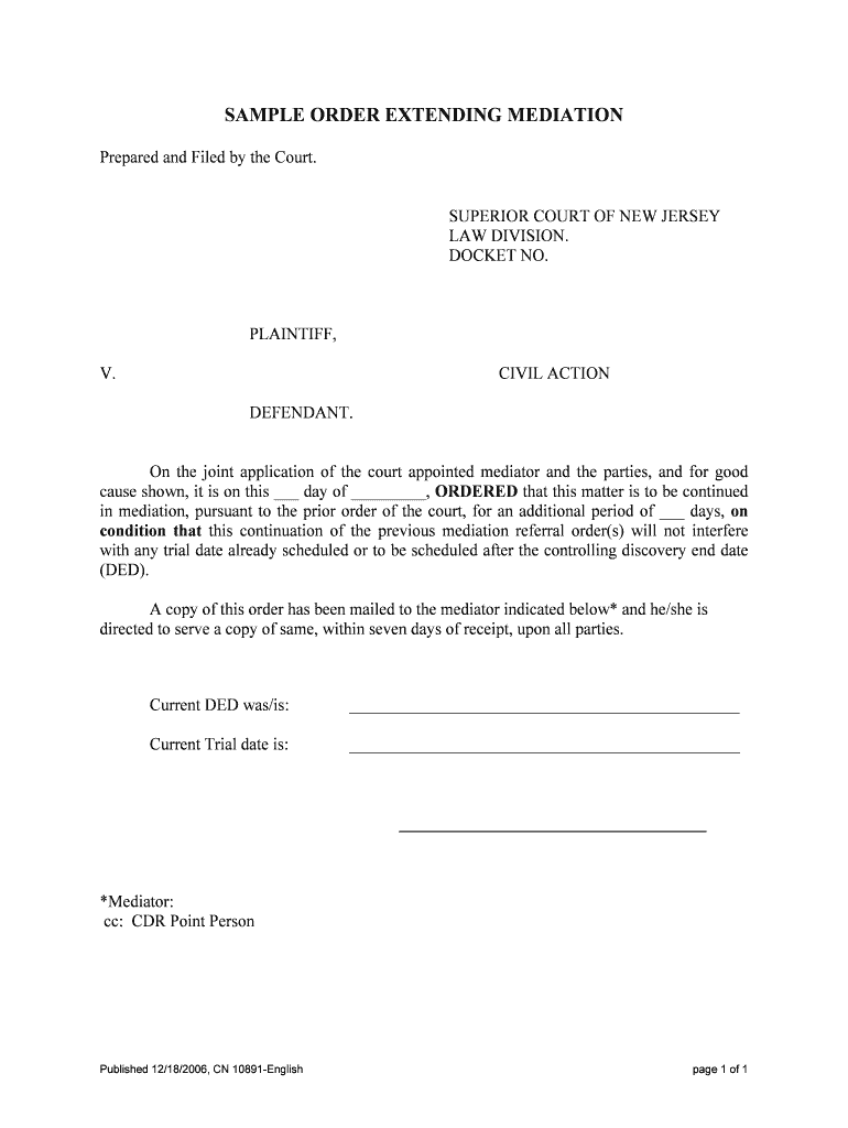 SAMPLE ORDER EXTENDING MEDIATION  Form