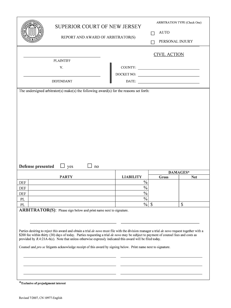 ARBITRATION TYPE Check One  Form