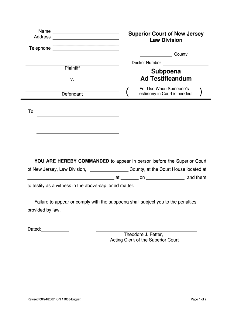 Subpoena Ad Testificandum Court Testimony  Form