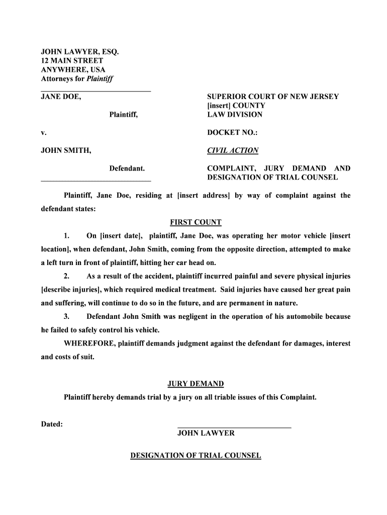 COMPLAINT, JURY DEMAND and  Form