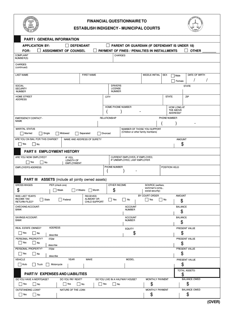 Financial Questionnaire to Establish Indigency New Justia  Form