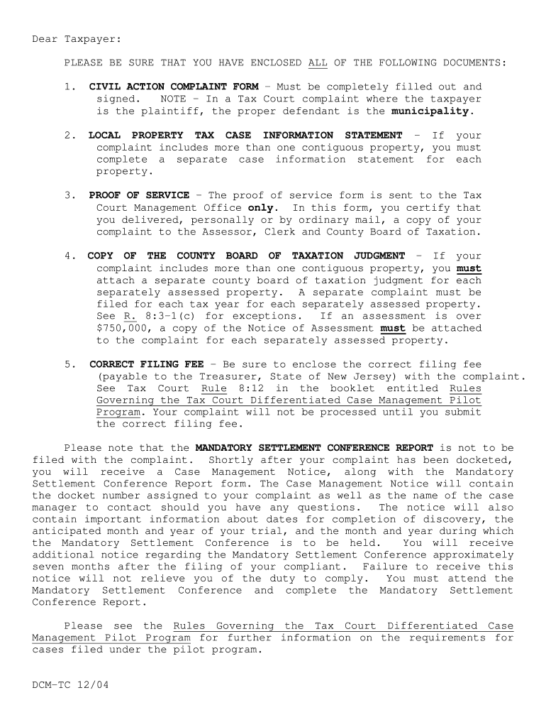 Tax Court of New Jersey DCM Complaint Form Packet DCM Complaint Kit