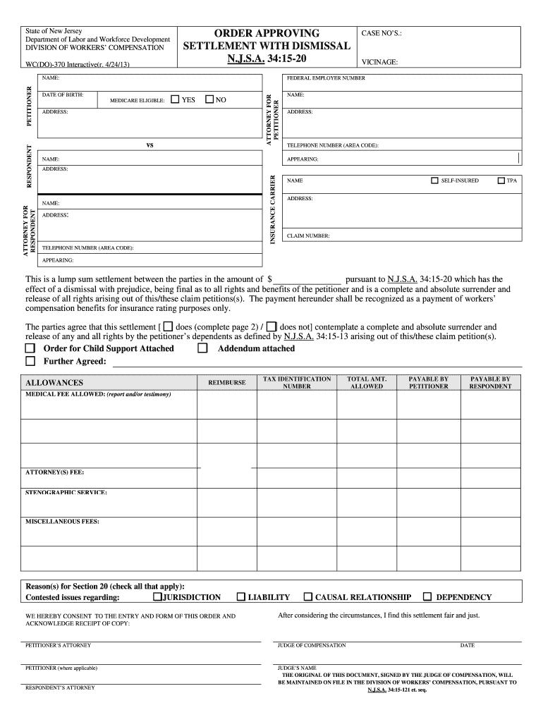 State of New Jersey ORDER APPROVING CASE NOS Department  Form
