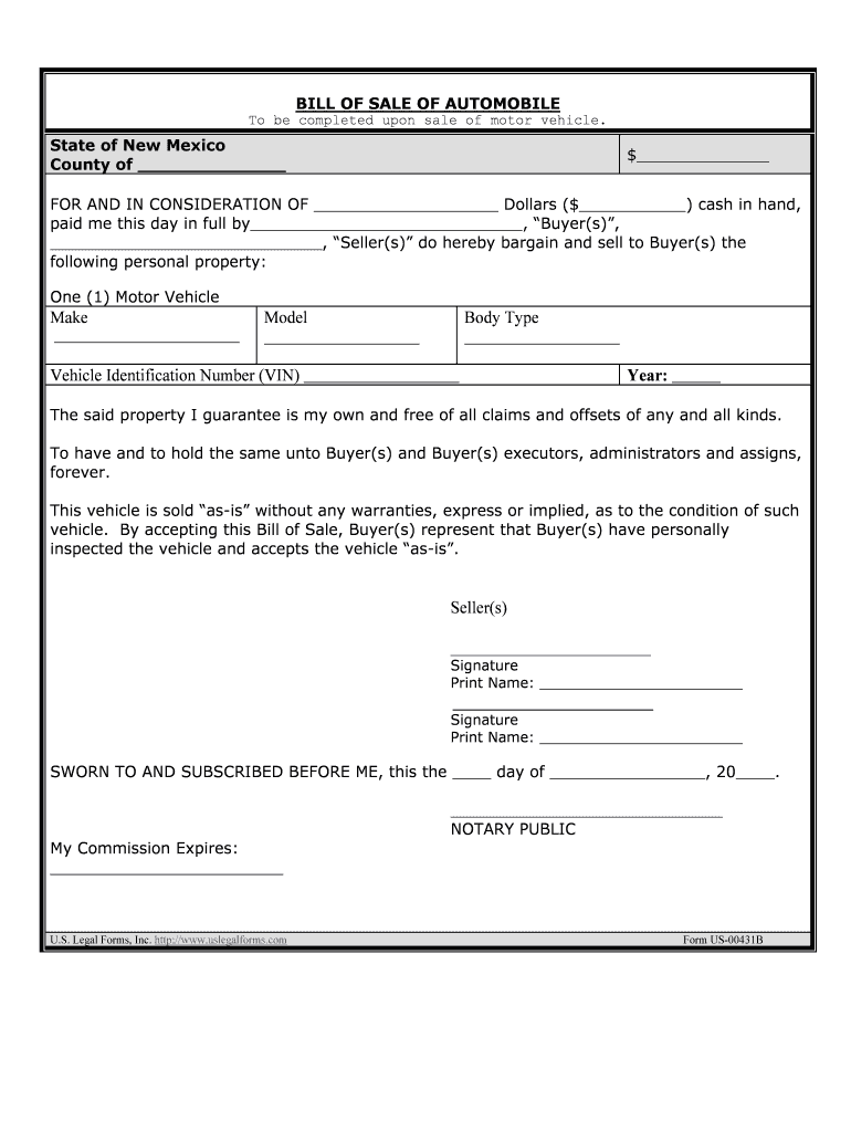 New Mexico Motor Vehicle Bill of Sale Form Templates