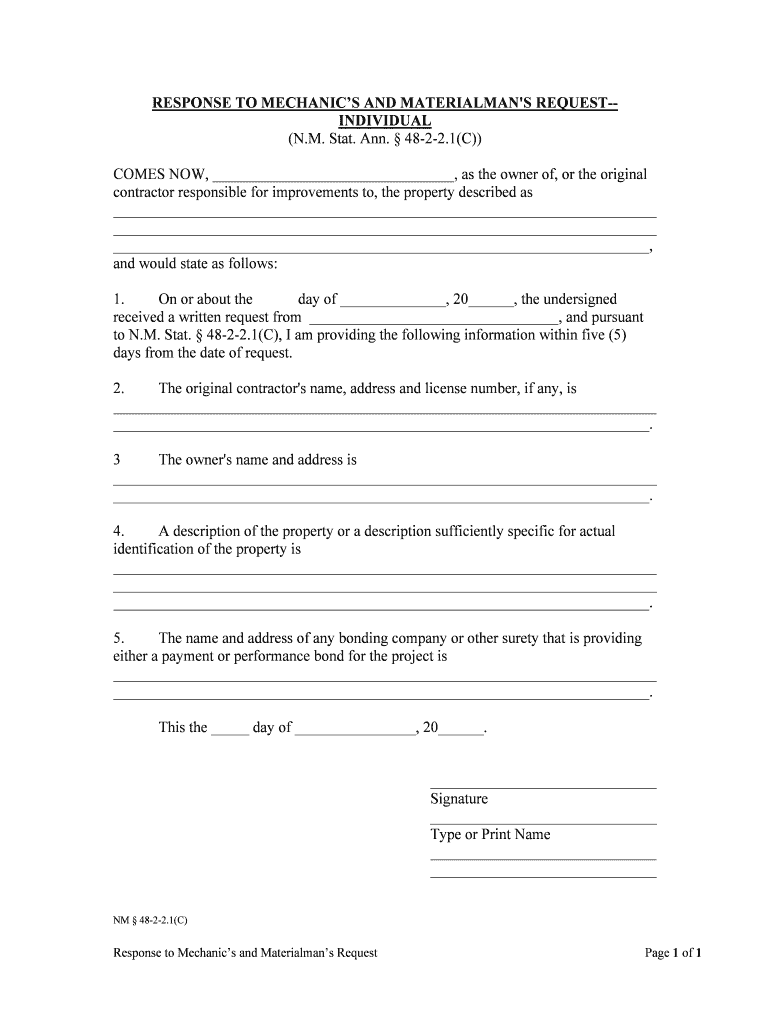 MATERIALMAN'S REQUEST INDIVIDUAL  Form