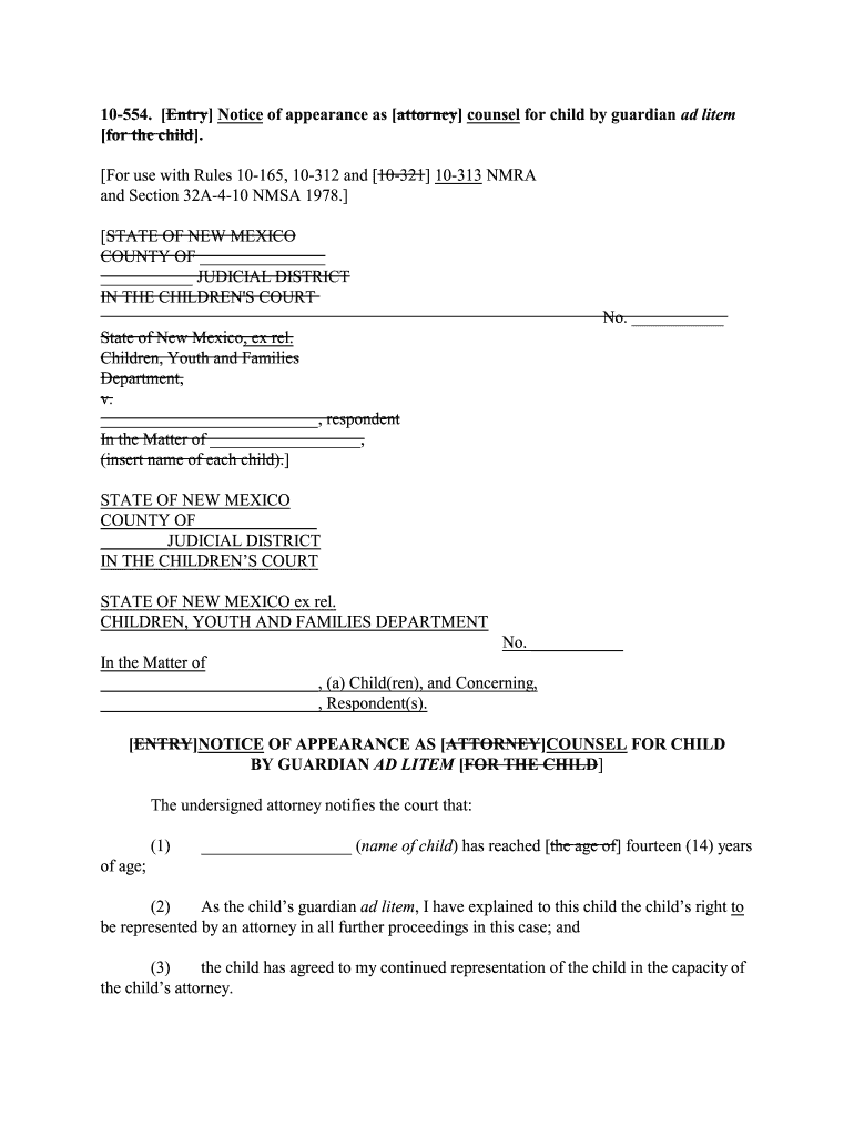 Entry Notice of Appearance as Attorney Counsel for Child by Guardian Ad Litem  Form