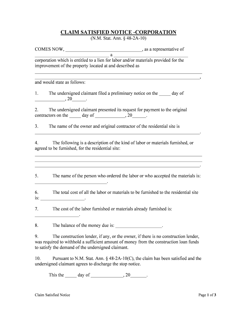 CLAIM SATISFIED NOTICE CORPORATION  Form