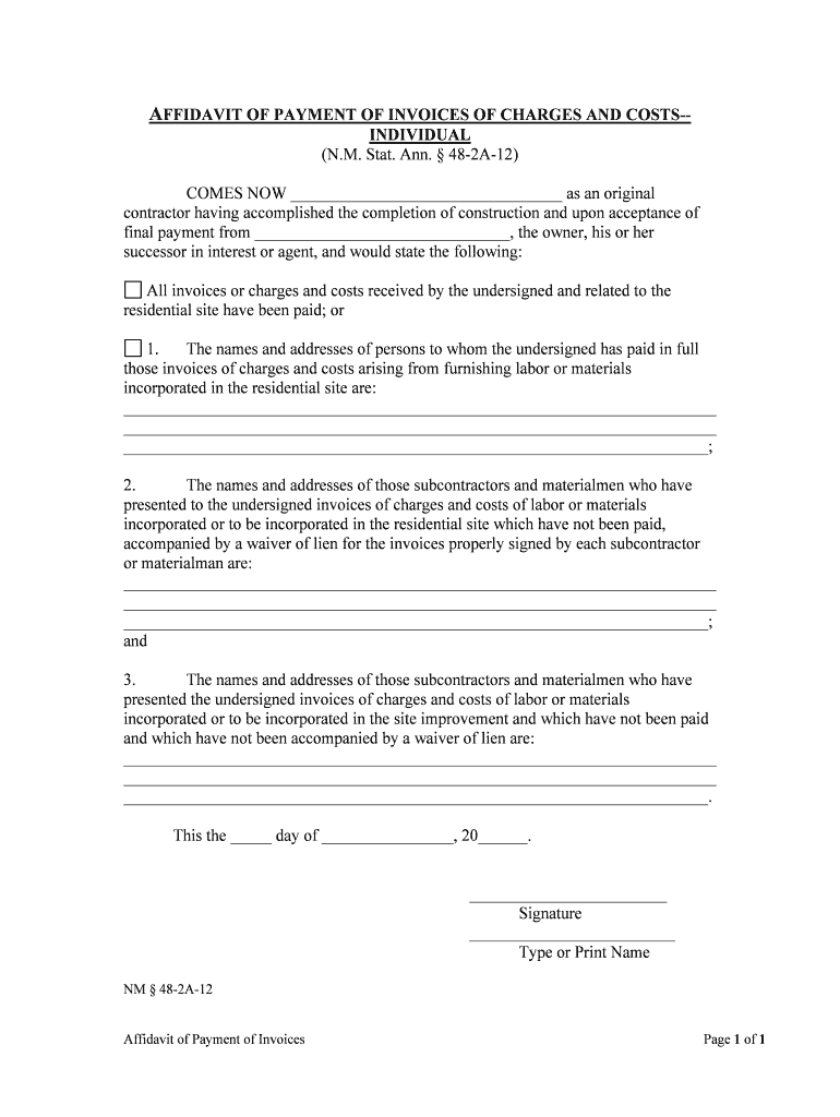 AFFIDAVIT of PAYMENT of INVOICES of CHARGES and COSTS INDIVIDUAL  Form