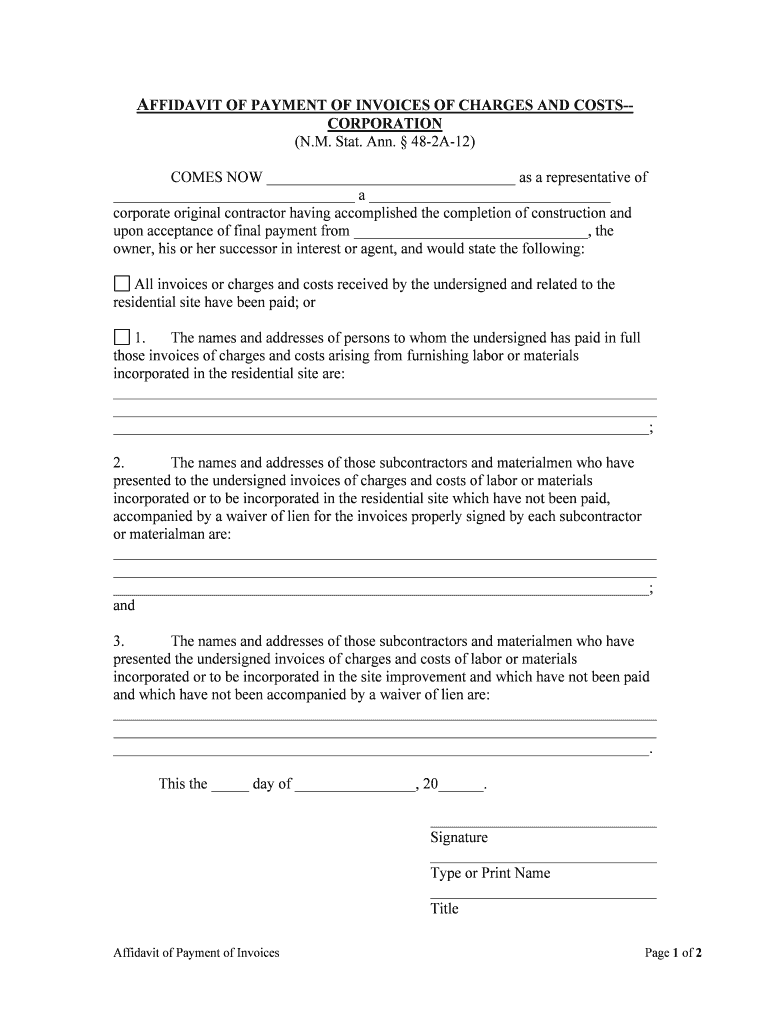 AFFIDAVIT of PAYMENT of INVOICES of CHARGES and COSTS CORPORATION  Form