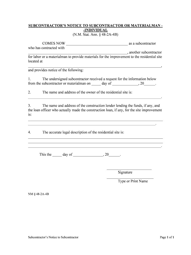 SUBCONTRACTORS NOTICE to SUBCONTRACTOR or MATERIALMAN INDIVIDUAL  Form