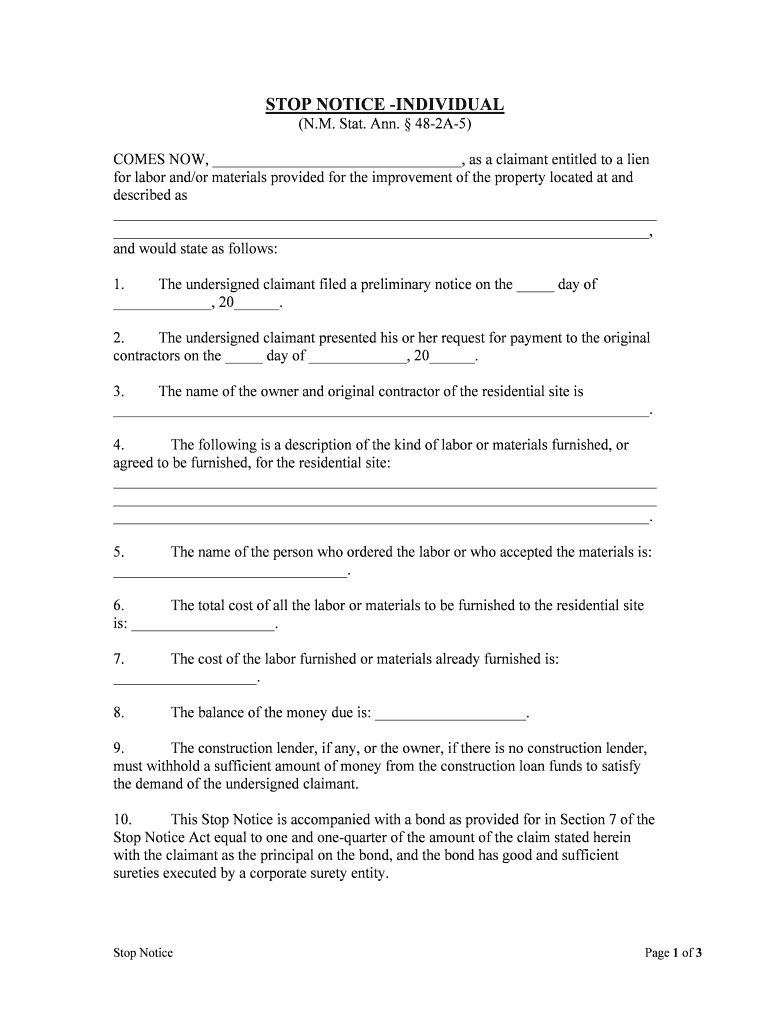 STOP NOTICE INDIVIDUAL  Form