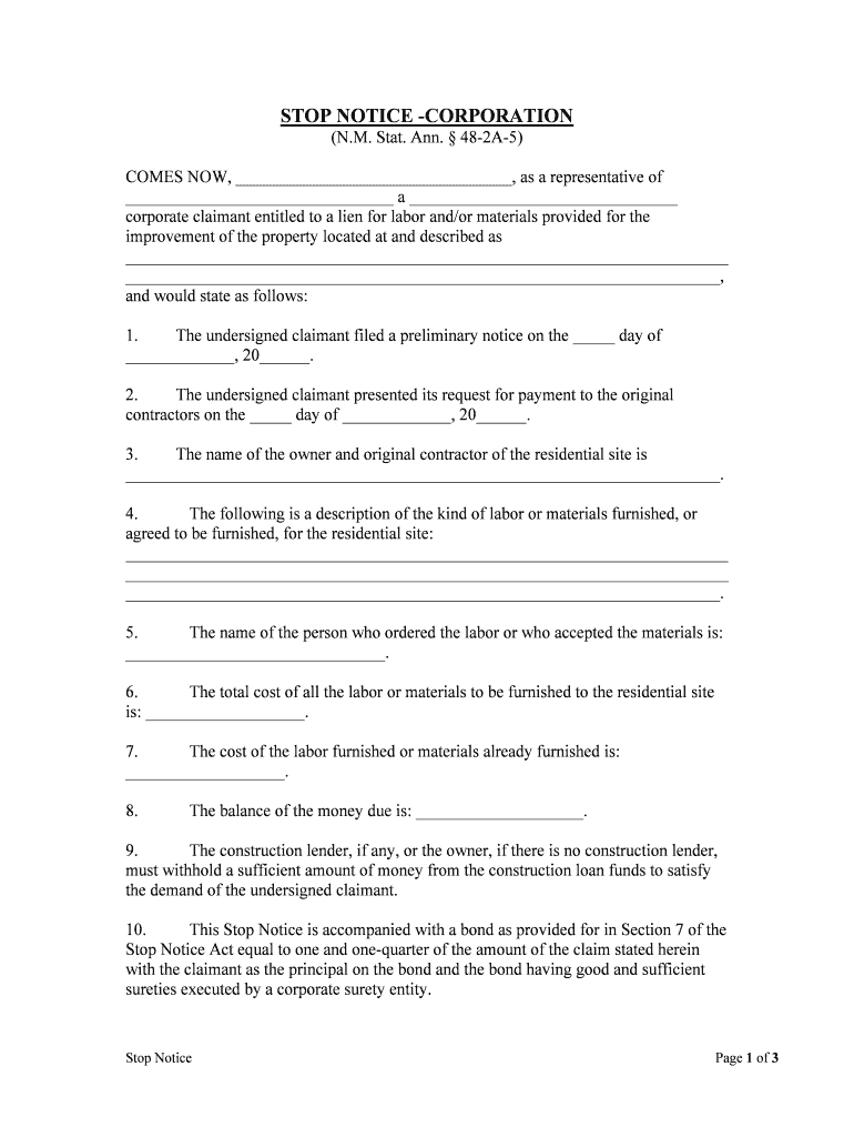 STOP NOTICE CORPORATION  Form