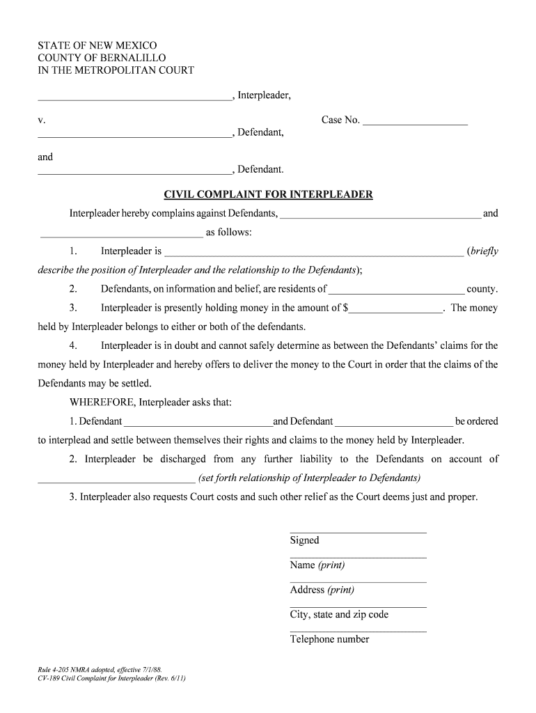 CIVIL COMPLAINT for INTERPLEADER  Form