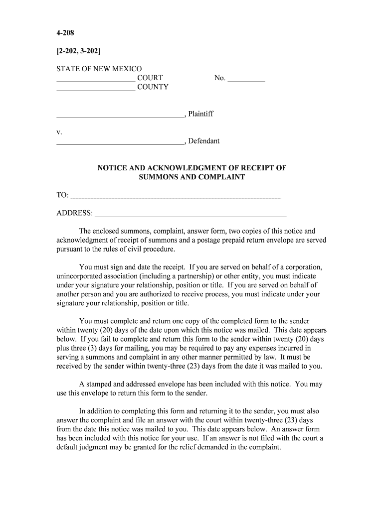 Form 1B Notice and Acknowledgement for Service by Mail