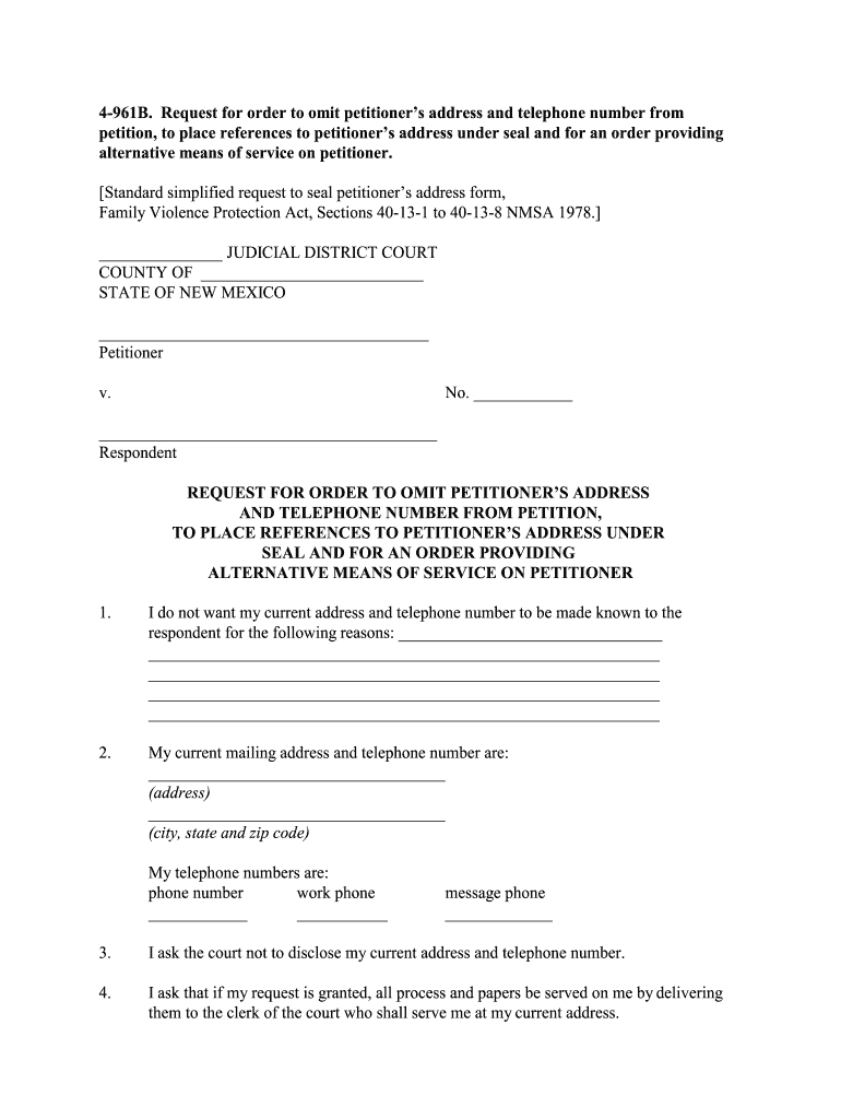 Request for Order to Omit Petitioners Address and Telephone  Form